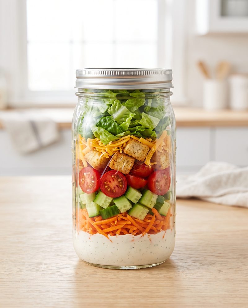Layered mason jar salad with carrots, cucumber, tomatoes and croutons