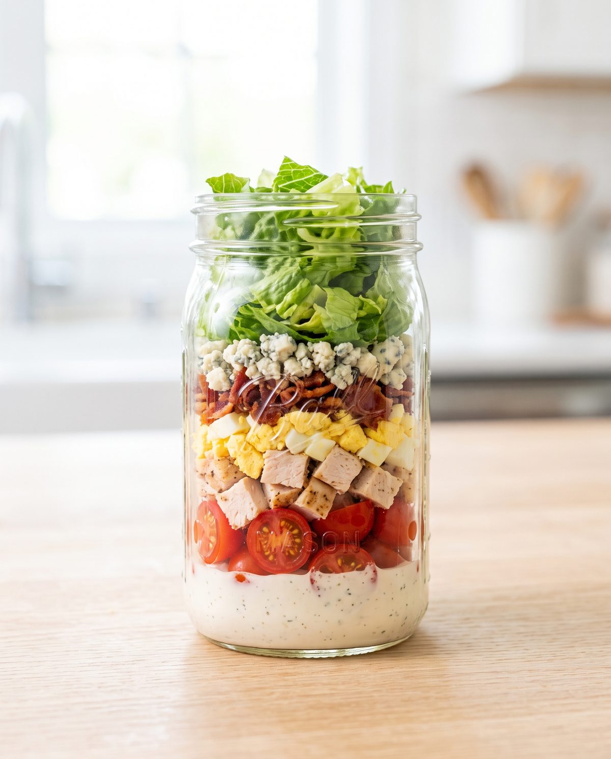 Cobb salad layered in a mason jar with dressing at the bottom and greens on top
